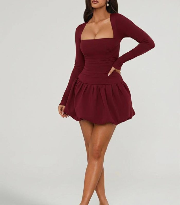 BORDO BUBBLE ETEKLİ UZUN KOLLU MİNİ ELBİSE